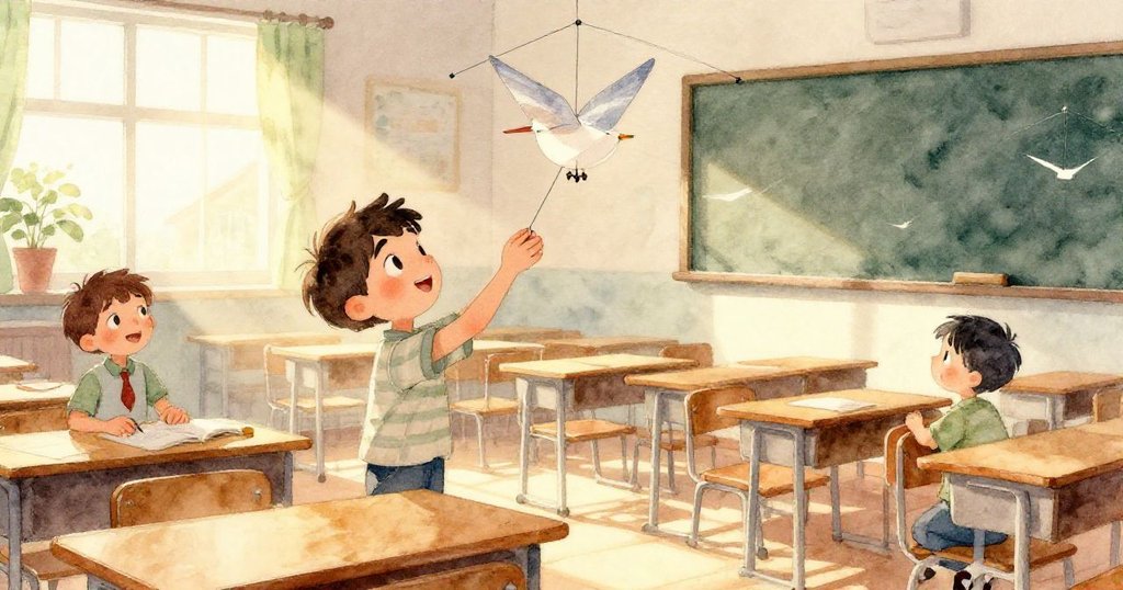 夕光映照閉合筆記本上映出微彩虹，老師與同學低語，靜謐中散發創意夢想延續的曙光。