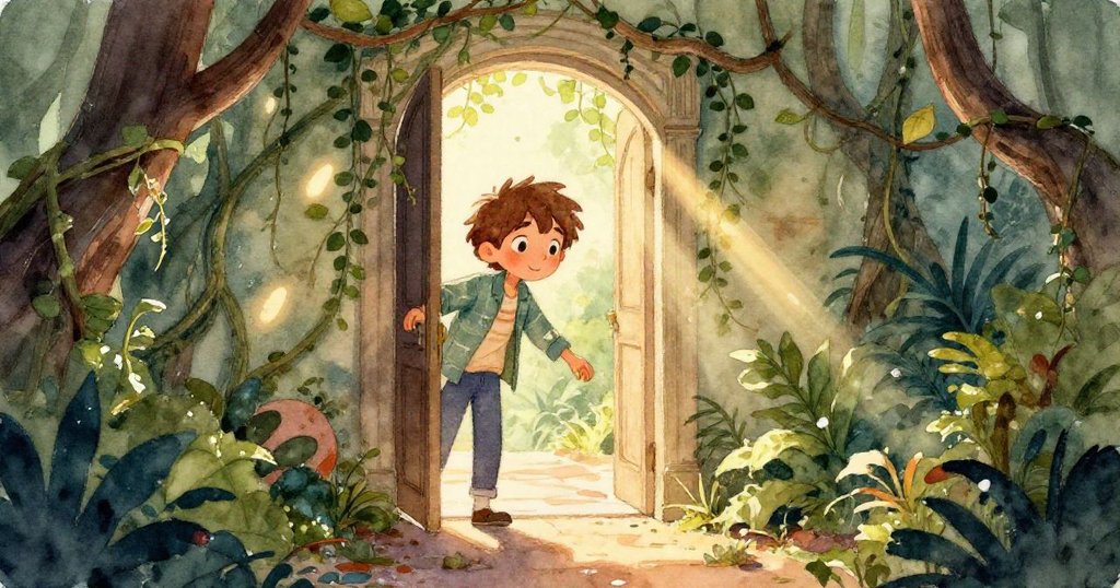 Leo蹲下時用手繪製空白畫紙，花瓣飛散，手部細節豐富，情緒專注驚奇，展現創作瞬間。