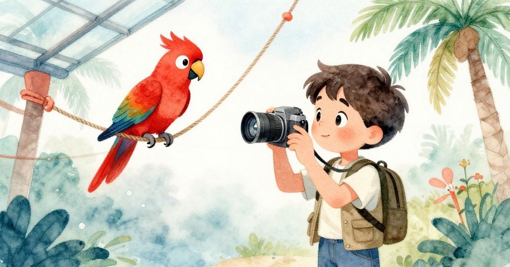 Leo透過相機觀察鮮紅鸚鵡，玻璃光影映出棕櫚與薄霧，神秘且充滿好奇，動作敏捷求異。