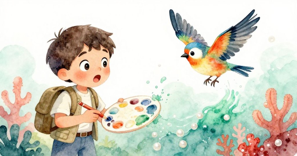 Leo調整鏡頭時驚見活潑小鳥降臨水彩盤，濕潤顏料彷彿水中倒影，表情既驚訝又好奇。