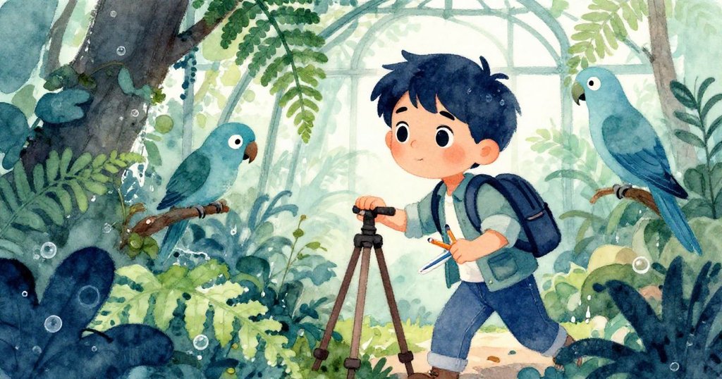 Leo蹲下搬起三腳架，小心穿過垂掛蕨葉，臉上顯露堅定挑戰，旁邊鸚鵡靜靜觀察，氣氛緊張。