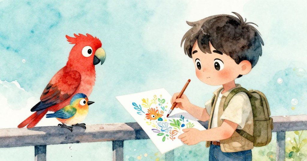 Leo放下畫筆欣賞色彩豐富的畫紙，兩隻鳥安靜棲於鐵軌旁，場景寧靜平和，充滿創意與溫暖。