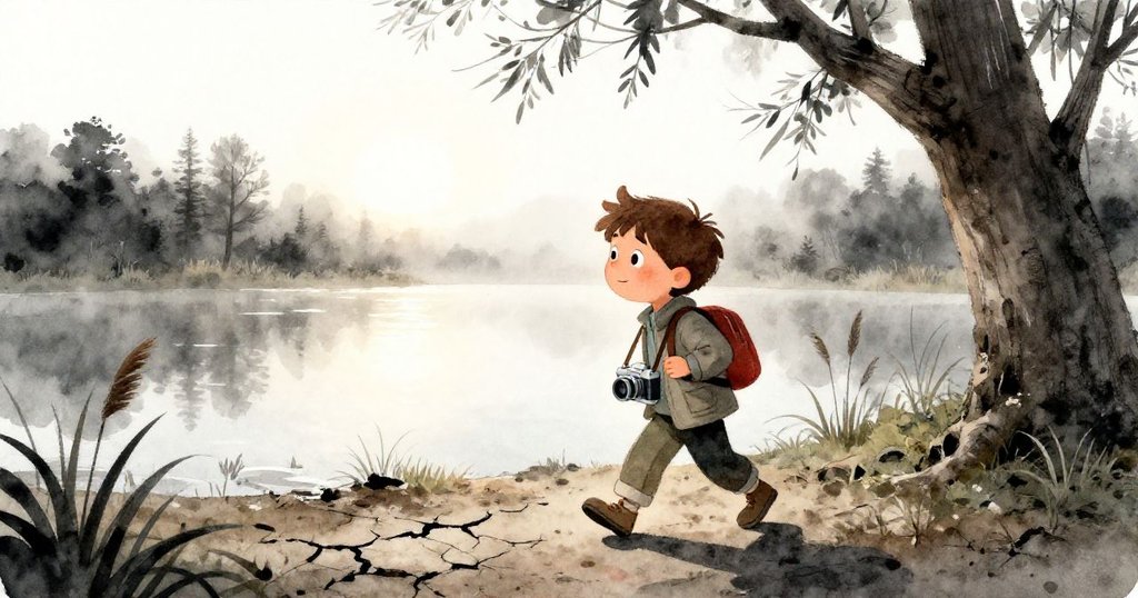 Milo 在晨霧中走向柳樹池塘,柔光映照破裂泥土與蘆葦,神情充滿期待與好奇迎接朝陽。