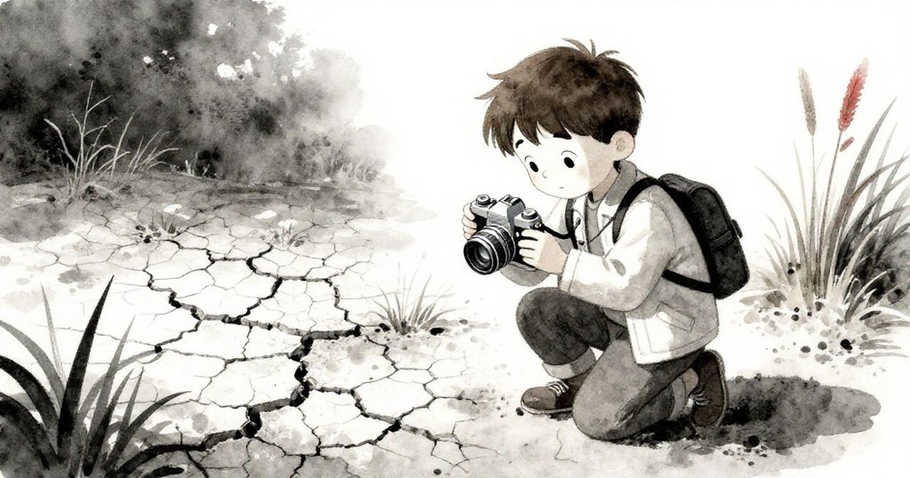 Milo 膝蓋跪地檢查相機,背景破裂泥土與蘆葦映襯晨光,神情專注流露對機械細節的關切。