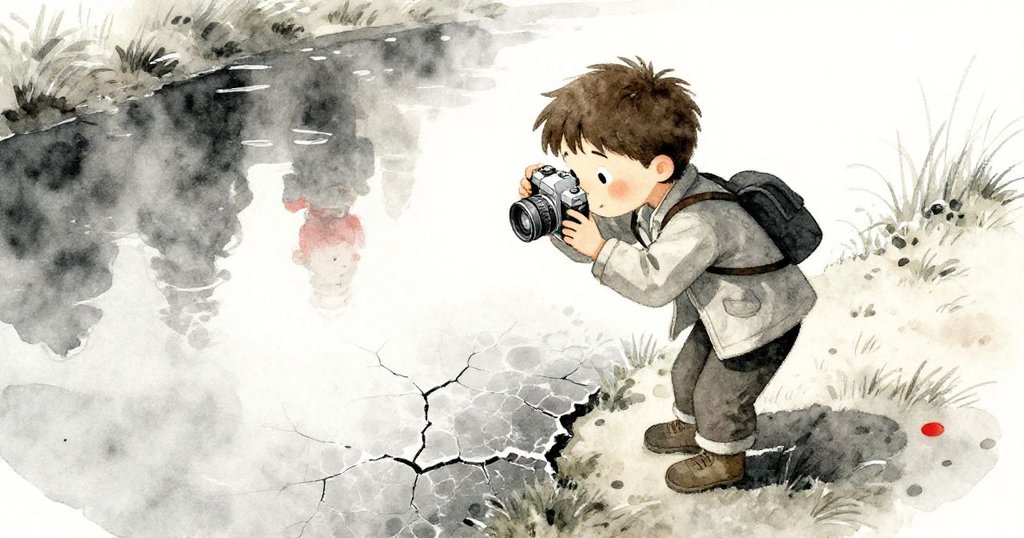 高角度俯瞰中,Milo 輕俯拍攝風中扭曲倒影,背景破裂池塘與蘆葦流露出溫柔脆弱與專注情懷。