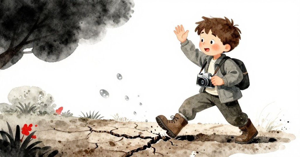 Milo 退後調整構圖時,腳步踩碎薄土,裂縫中滲出銀光水珠映襯乾裂池塘邊蘆葦,動作自然專注。