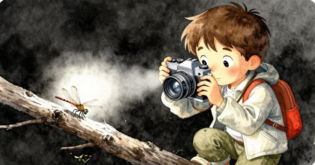 Milo 面對強光風影迅速調整相機,神情專注,旁邊蜻蜓停在枯枝上,背景蘆葦與泥土呈現動人光影對比。