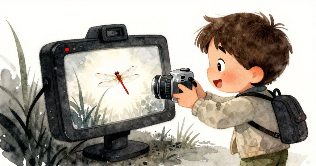 Milo 捕捉到蜻蜓停在濕蘆葦上的完美瞬間,滿意注視相機屏幕,溫柔晨光與新生水光映襯出喜悅與釋然。