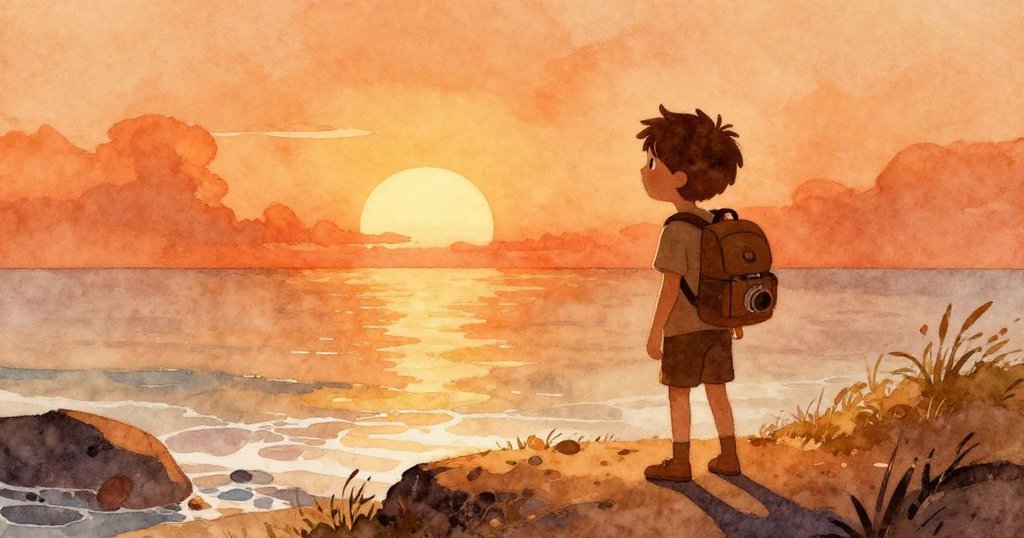 Milo於黎明海邊抵達，輪廓清晰，背包跟相機隨行，臉上流露期待與探險熱情的情緒。