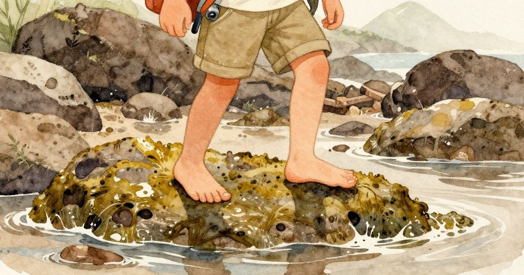 Milo在海邊暗岩上行走，腳下藻苔濕滑留痕，迎著海風感受大自然帶來的挑戰。