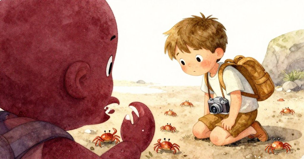 Milo蹲在潮池邊細看螃蟹躲藏，眼中流露困惑與期待，背景呈現神秘的灰天與生物細節。