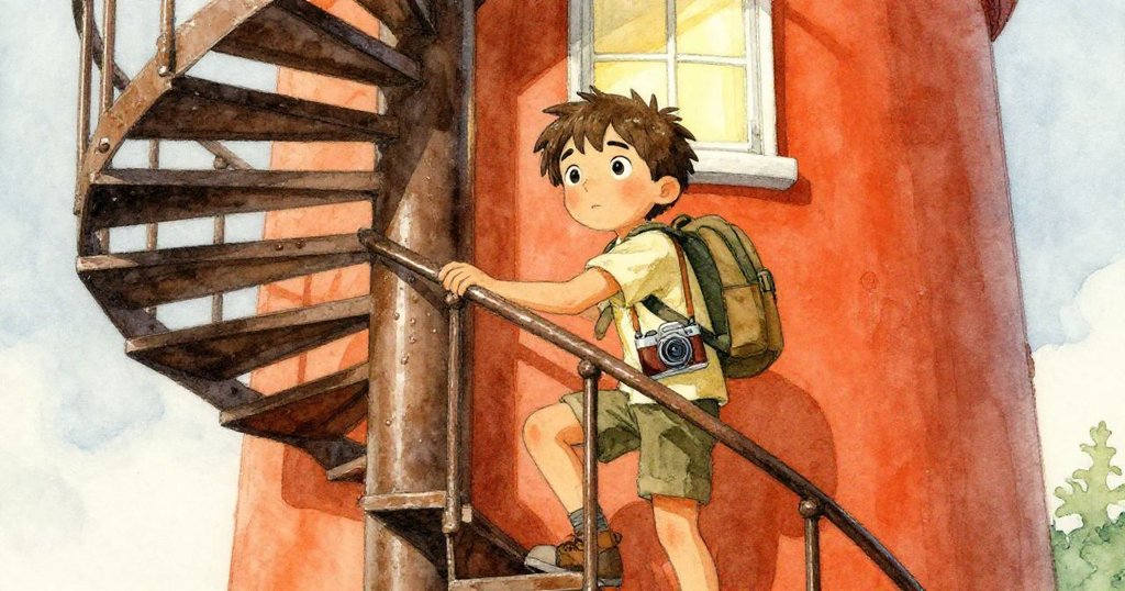 Milo急速攀登燈塔螺旋樓梯，扶手濕潤反光，充滿決心與希望，背景暗示古老燈塔內部氣氛。