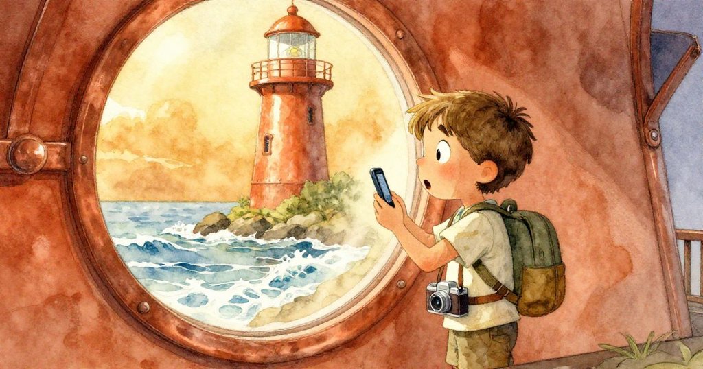 Milo在燈塔圓窗前用手機拍攝，臉上從焦慮轉為驚喜，窗外潮池與海浪景致熠熠生輝。