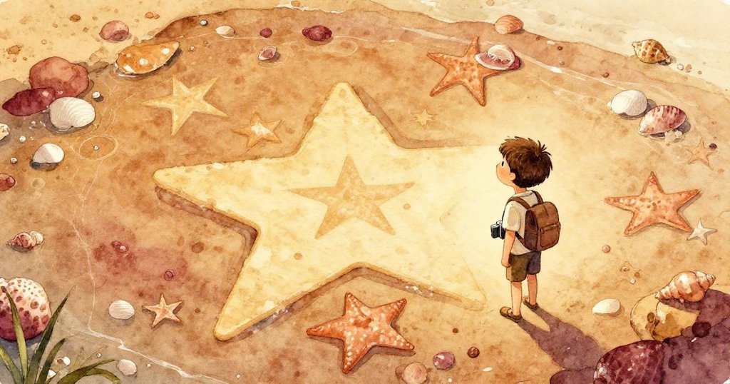 Milo從高處俯瞰潮池，發現星形排列的貝殼，心中充滿平靜與驚奇，象徵著自然與堅持的回報。