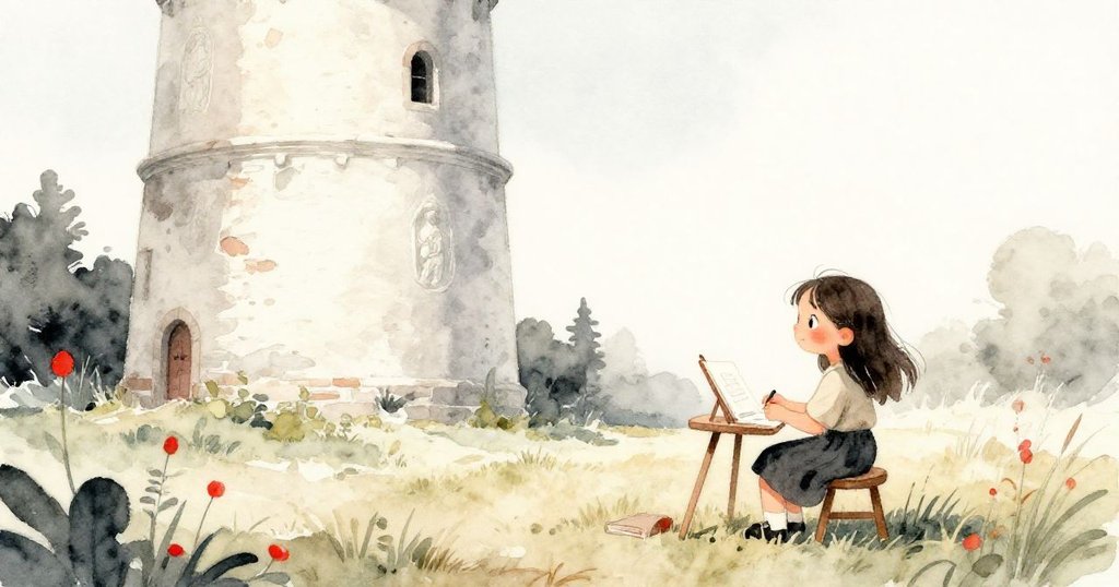 米拉在古老信號塔旁設置腳凳,清晨草地廣闊,充滿期待,天光柔和展現遠處大草原。