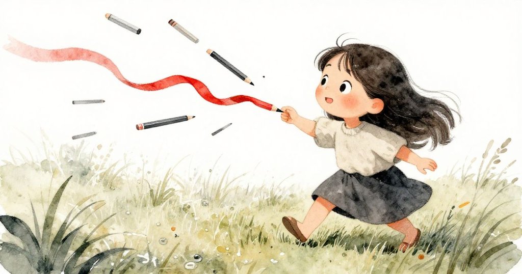 米拉急步在草地上拾起散落的石墨筆,紅絲帶在風中舞動,展現緊張而急促的步伐。