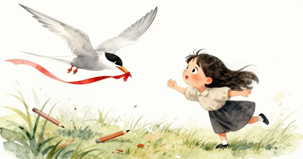 海鷗般的燕鷗急速俯衝,銳利抓住鮮紅絲帶,背景草地散落石墨筆,米拉驚訝目送飛鳥。