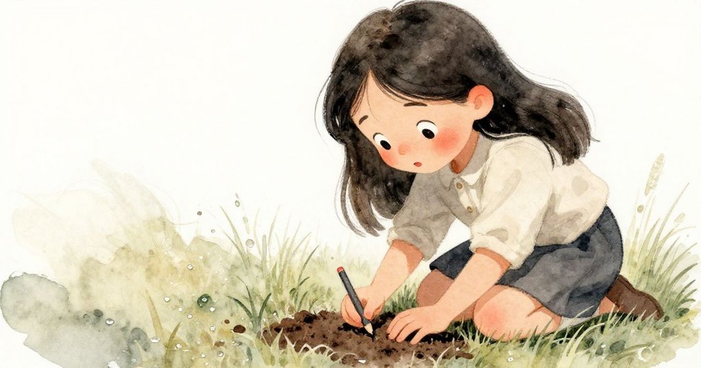 米拉蹲下輕撫濕潤泥土,手指細觸草叢中露出的小鉛筆,神情充滿沉思與溫柔悔意。