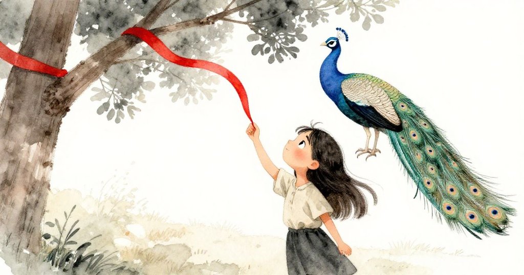 米拉抬頭望見高橡樹上飄揚紅絲帶,神情充滿好奇與希望,孔雀優雅步近樹下。