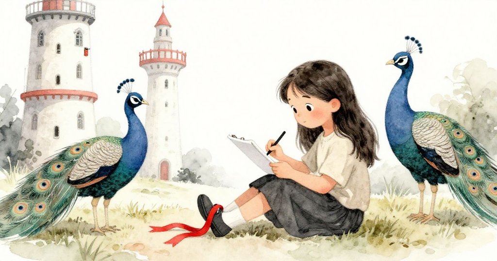 米拉坐在戶外專心作畫,腳邊紅絲帶輕舞,孔雀靜立伴隨,背景信號塔與草原營造平靜寫意情景。