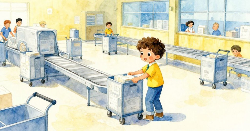 小男孩Leo手抱包裹走進熱鬧分揀中心，展現期待與平靜，背景有滾動推車和運輸帶，充滿活力。