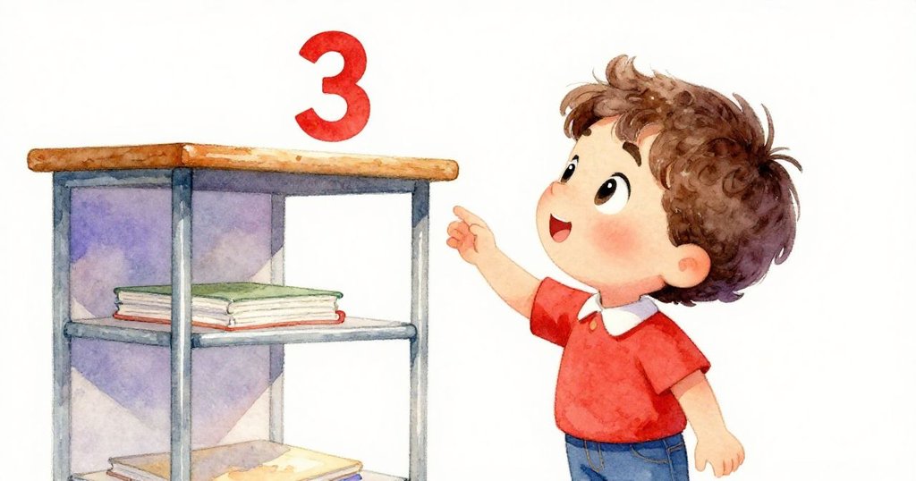 小男孩Leo凝視畫有數字的天花板櫃，露出好奇與專注表情，背景柔和且充滿探索精神。