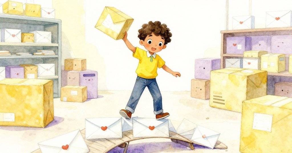 小男孩Leo踩著整齊信封堆成的橋，舉著包裹，展現冒險與創意，背景中隱約顯示傳送帶和安靜角落。