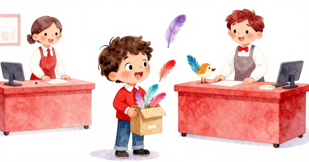 小男孩Leo發現包裹中彩色羽毛，紙鳥飛向桌邊，笑容滿面，工作人員也露出愉悅表情，畫面洋溢歡樂氣氛。