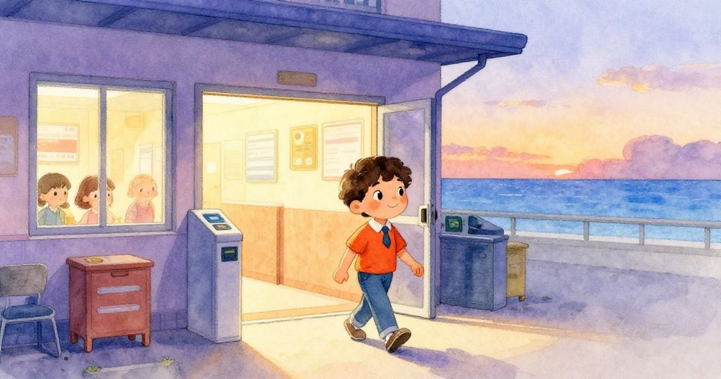 小男孩Leo走出分揀中心，金色夕陽灑滿街道，背影溫馨，窗外自動門緩緩關上，呈現平靜結局。