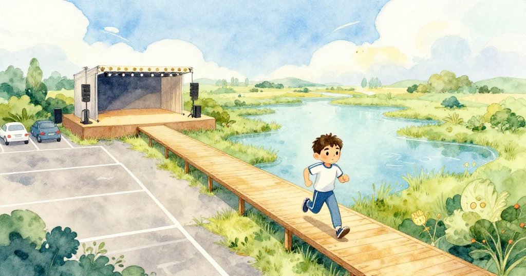 Marco在清晨木板路上奔跑，背景是濕地舞台與停車場，天上漂浮著晨雲，充滿活力和希望。