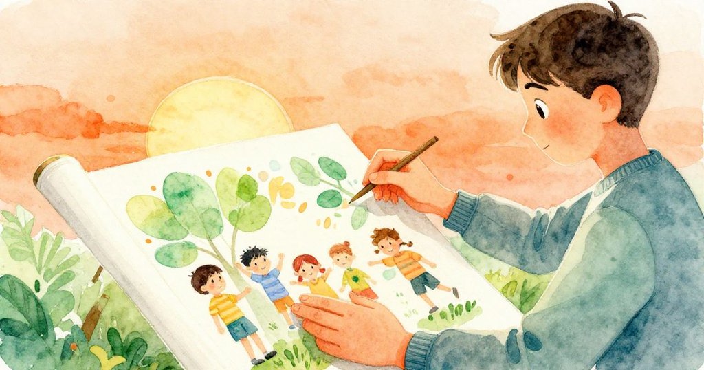 Marco拿著色彩豐富的畫布捲，神情專注細看，背景隱約呈現晨光與木板路，充滿溫馨社區感。