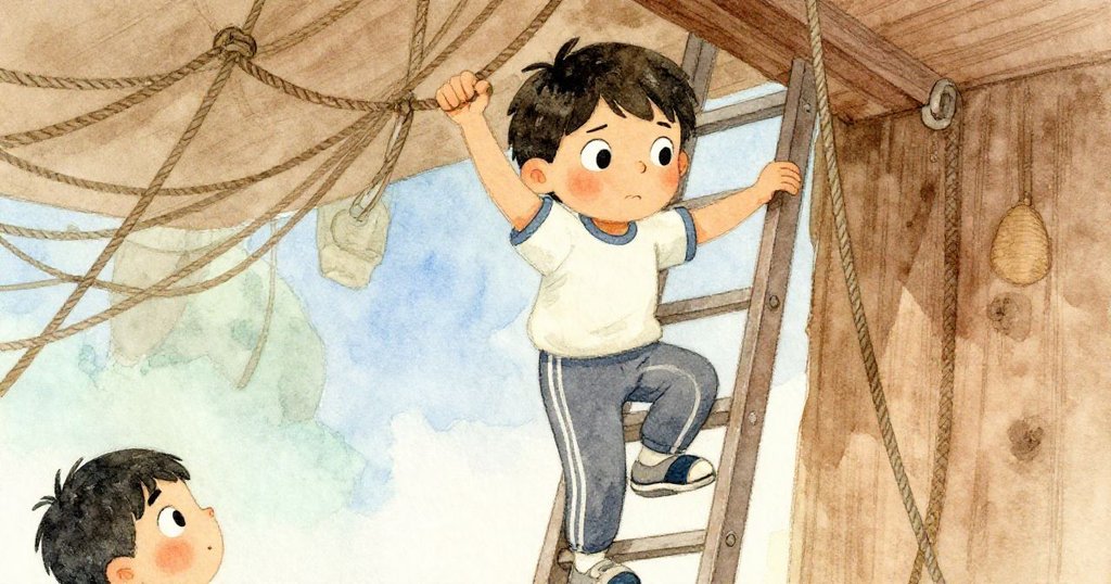 Marco正攀爬梯子，專注調整舞台索具，從他視角看見複雜結構，神情中帶著擔憂與決心。