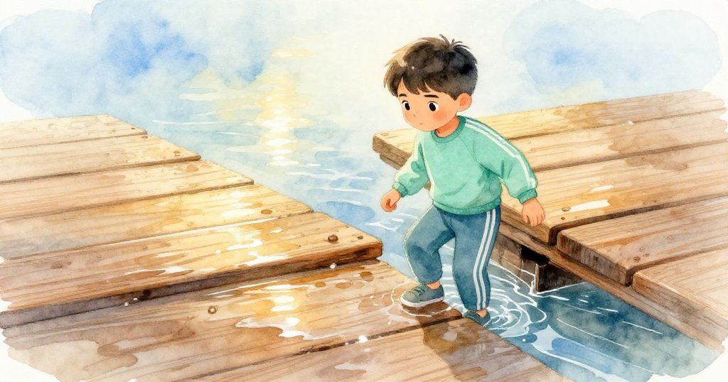 Marco站在濕滑木板邊，低頭注視透過縫隙映出的藍金晨光水面，神情謹慎而專注。