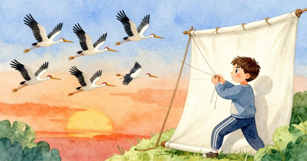 鸛鳥突然振翅起飛，激起舞台索具劇烈震動，Marco迅速調整繩結，面露緊張與堅定神情。