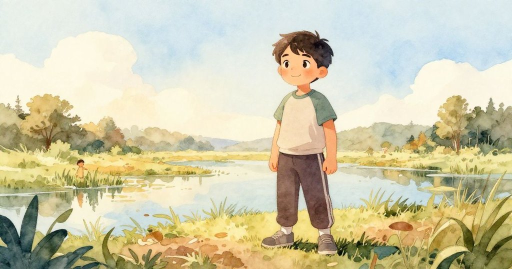 Marco站在完成的舞台前，檢查畫布與濕地融合出的美景，滿臉欣慰，背景充滿溫暖日光與大自然和諧氛圍。