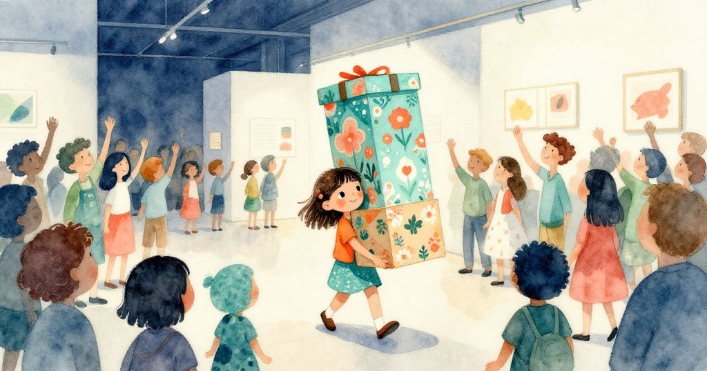 米拉推著彩盒進入展覽廳，背景群眾熱鬧，神情期待而愉悅，場景現代溫暖充滿活力。