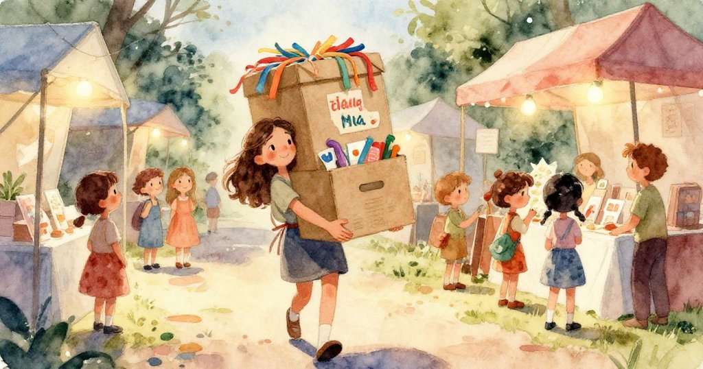 米拉的雙手穩住彩盒，細膩展示彩帶沿臂滑落，鏡頭特寫呈現出溫柔動感和細節。