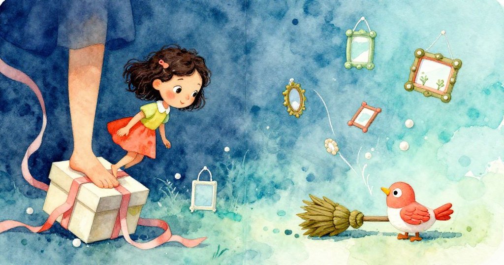 米拉的腿部被彩帶絆住導致彩盒傾斜，旁邊小畫框滾動黏土鳥觸碰掃帚，畫面生動充滿細節。