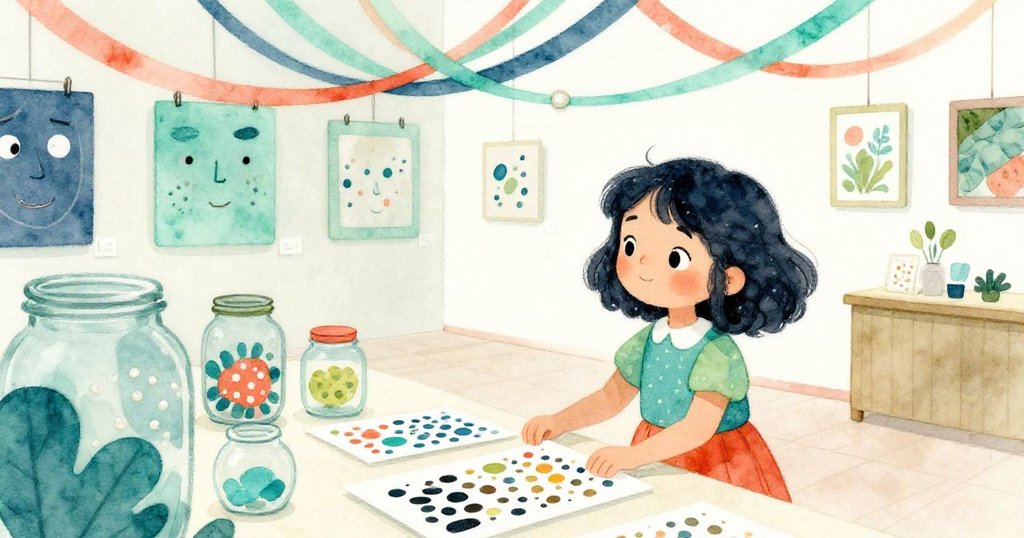 米拉靜靜整理彩點海報與垂掛彩帶，神情專注思考如何改造藝術展示，室內溫暖而富創意。