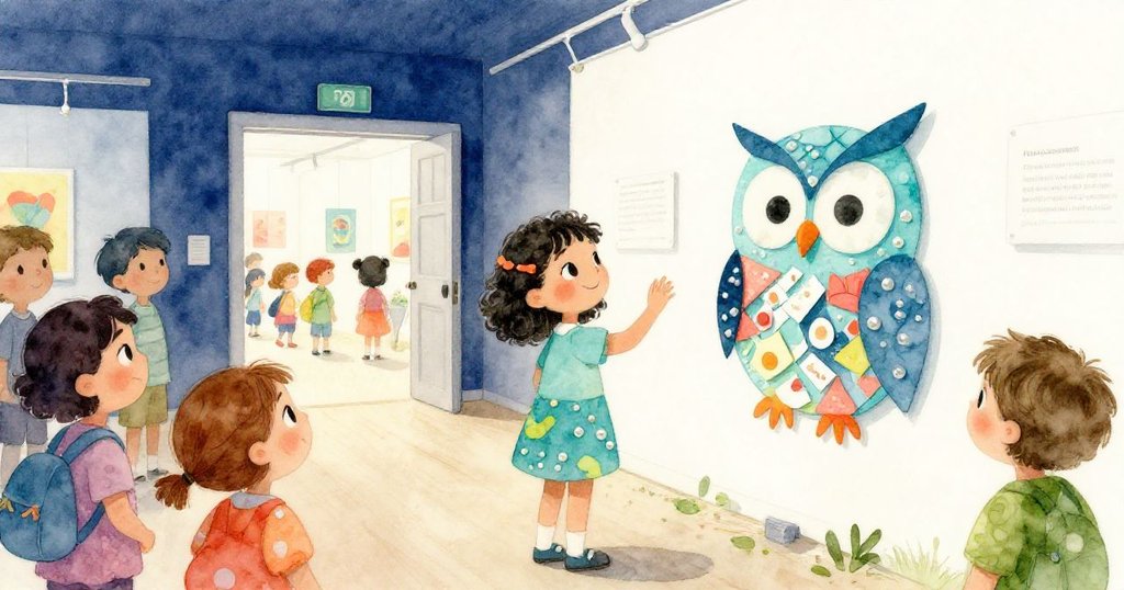 米拉微笑著展示由散落素材拼成的明亮貓頭鷹藝術，背景早期參觀者驚嘆拍照，展廳光線明亮充滿希望。