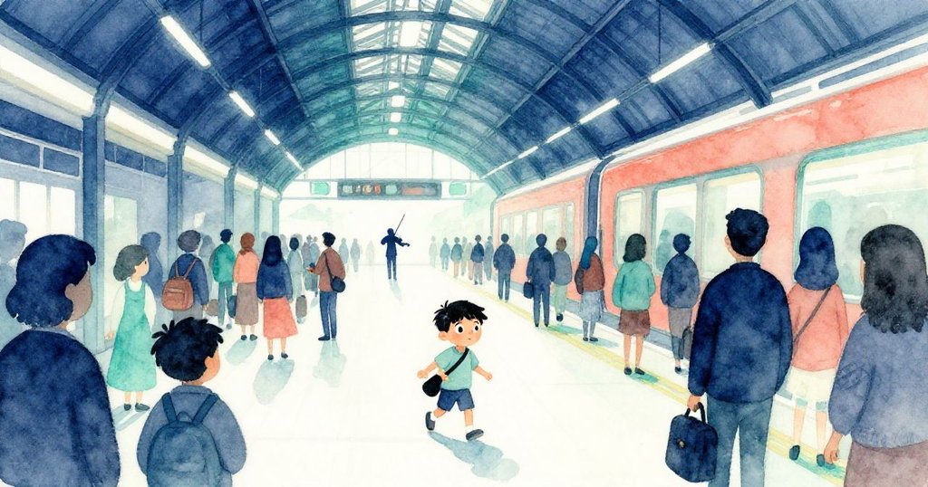 Milo在車站中穿行，背著揮舞著的包，環境繁忙而溫暖，展現出他的好奇與期待情緒。