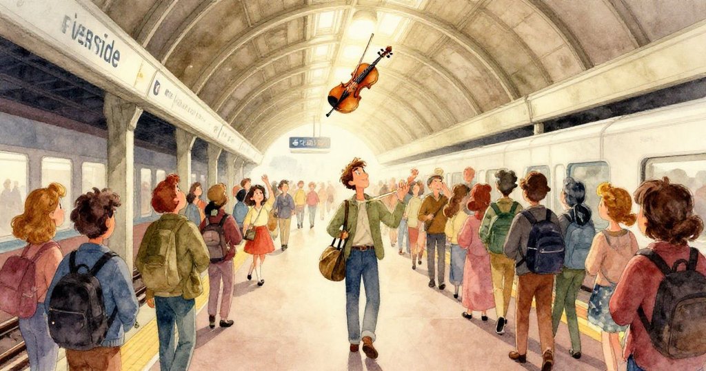 Milo專注地用手拿著手機錄音，細膩展現記錄音樂的專注與期待，背景隱約現車站燈光。