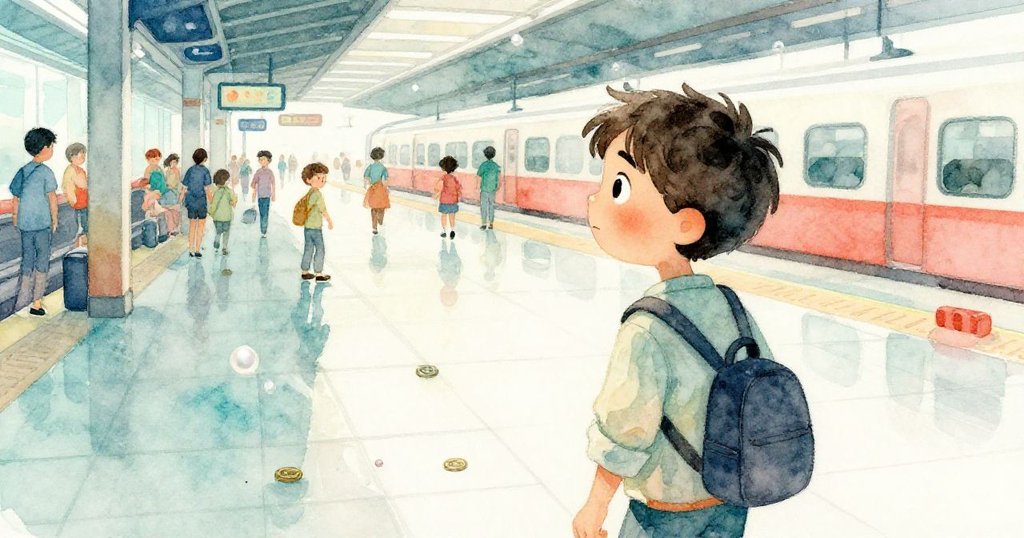 Milo轉身拾取從口袋中散落的硬幣，從肩後視角看到繁忙車站地面反射著燈光。