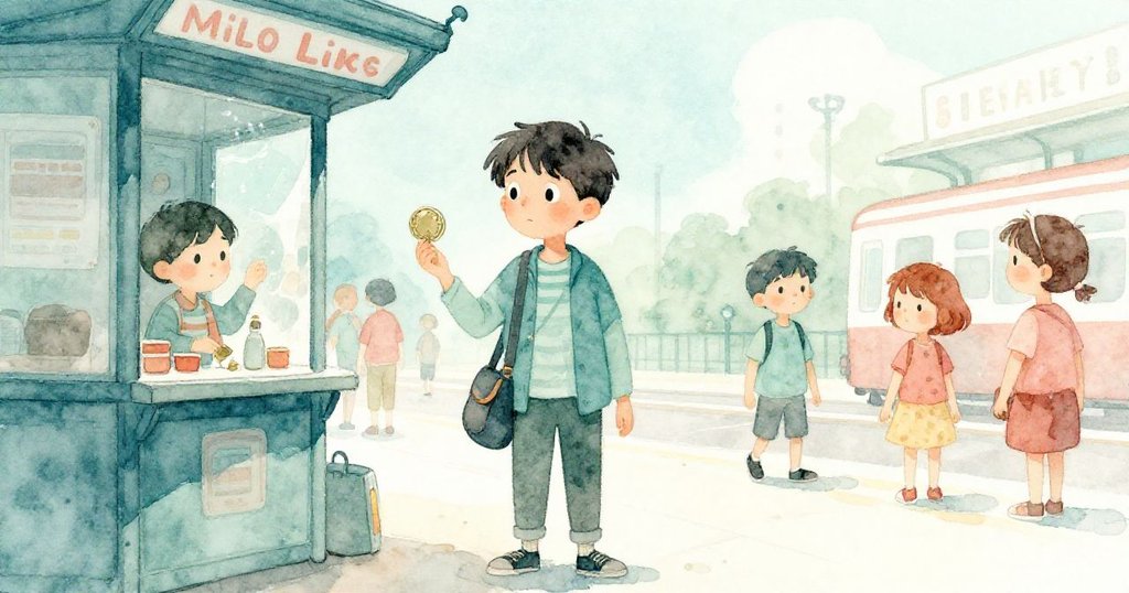 Milo靜立於車站邊緣，回憶起小提琴聲與硬幣碰撞的瞬間，畫面以柔和色調呈現出往昔與現實交錯的情感。