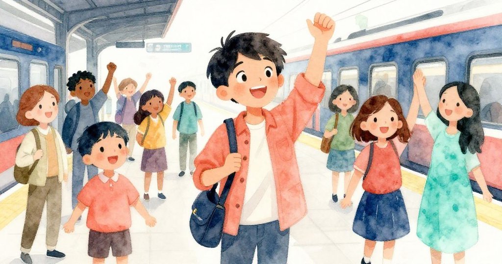 車站中乘客齊聲哼唱，轉化機械雜音為慶祝樂章，Milo滿懷喜悅融入溫暖群體中。