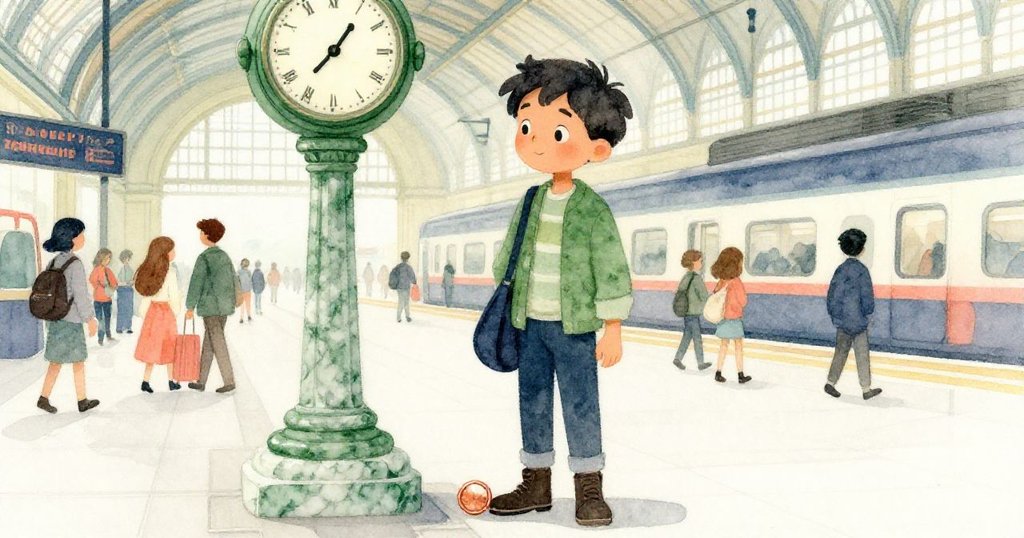 Milo在大理石鐘旁靜思，重播錄音後發現銅幣靠近鞋旁，畫面沉靜溫暖，展現出從繁忙到寧靜的轉變。