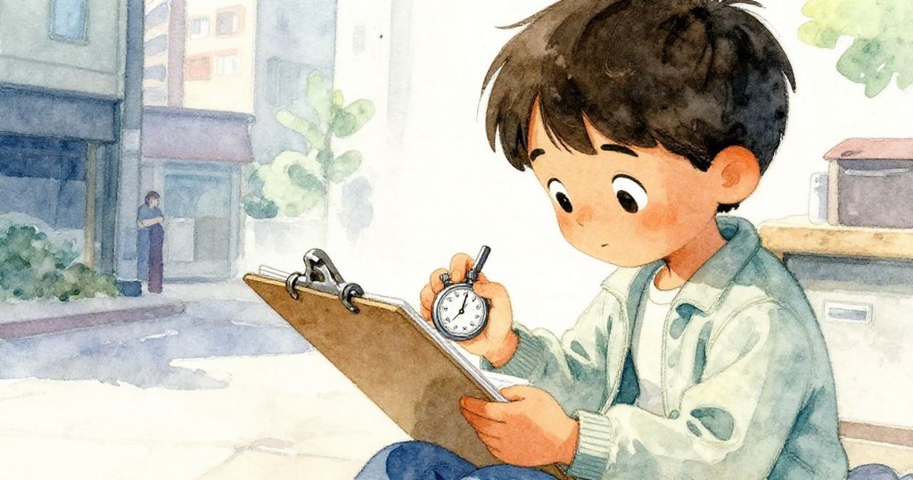 Kai低頭專注檢查夾板和秒表，其細膩表情流露出認真準備，背景模糊呈現車站現代感。