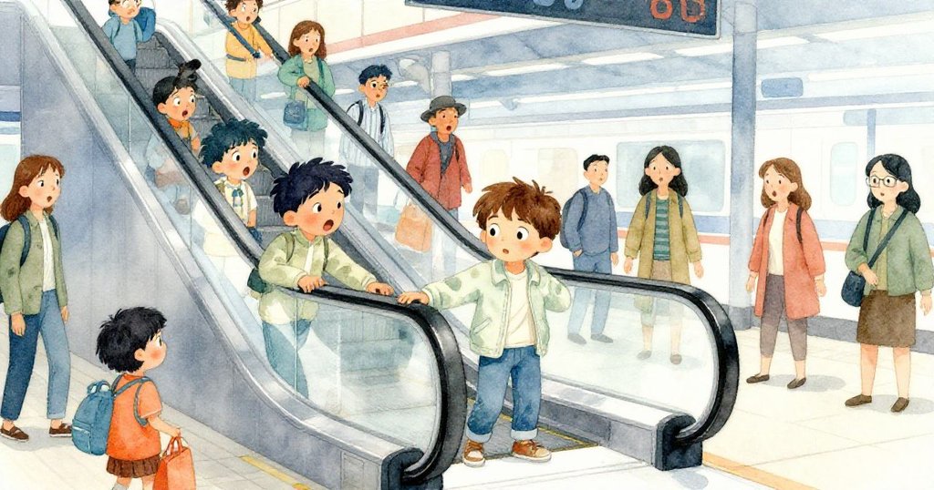 在車站內部自動扶梯停擺瞬間，Kai奮力抓住扶手，與驚訝行人互動，場景充滿都市緊張氛圍。