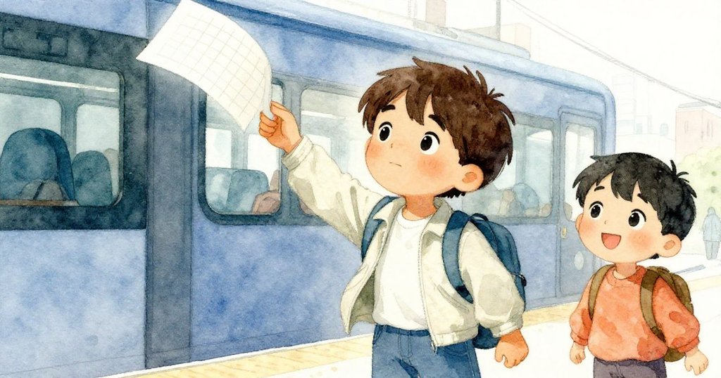 通勤者迅速接住飄揚的圖表紙，Kai在旁展露真摯微笑，兩人透過互動傳達溫馨感，車站背景細膩渲染。