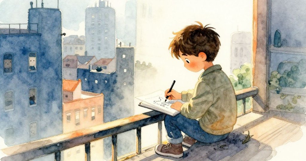 Kai坐於車站夾層邊重新以炭筆繪製動感圖像，隨著掌聲消退，溫暖金光灑落，情感細膩且充滿希望。